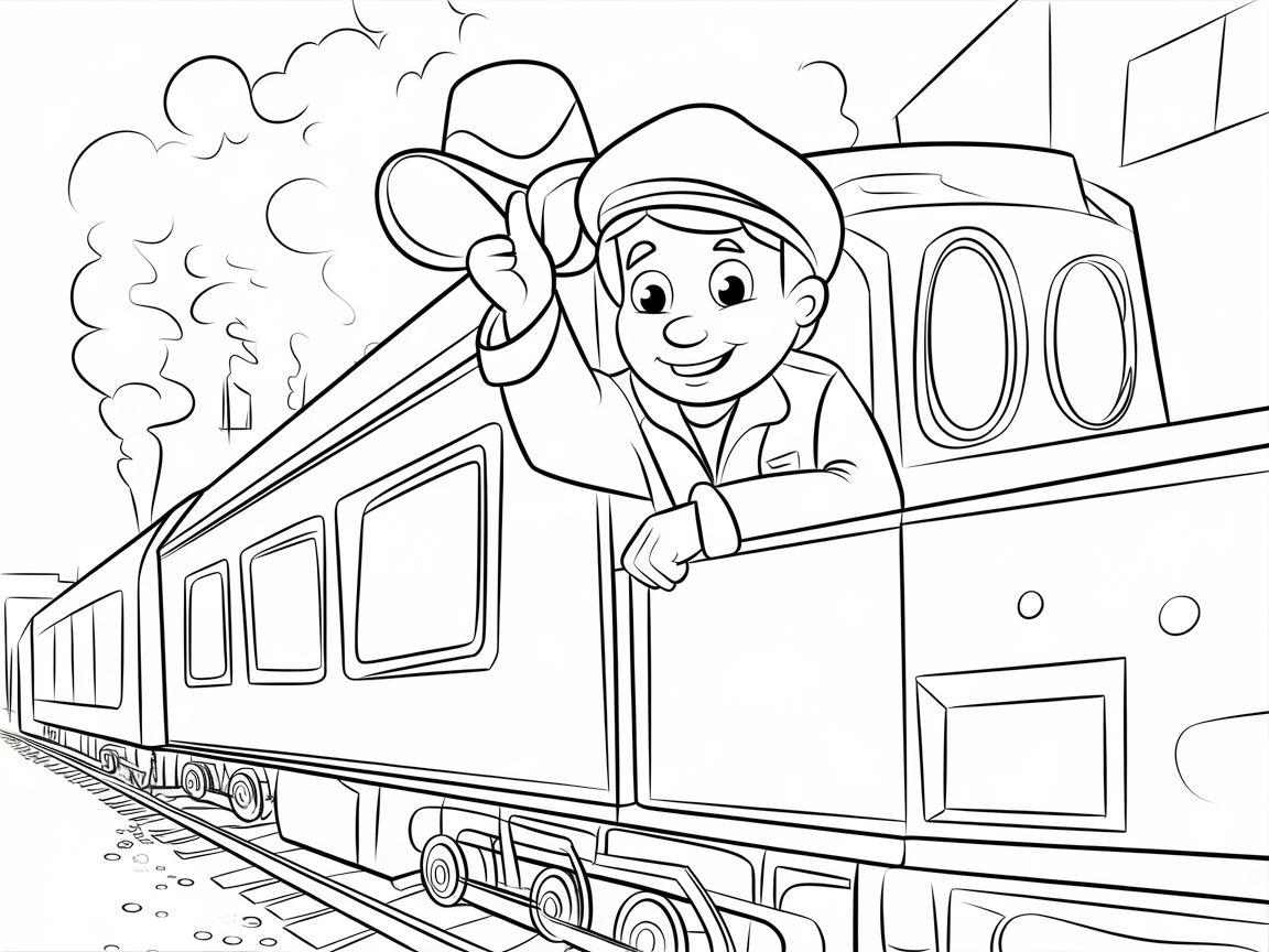 Cheerful Conductor Waving from the Train Coloring Page