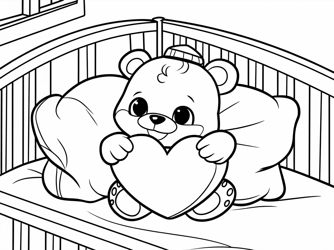 Snuggly Bear with Heart in the Crib