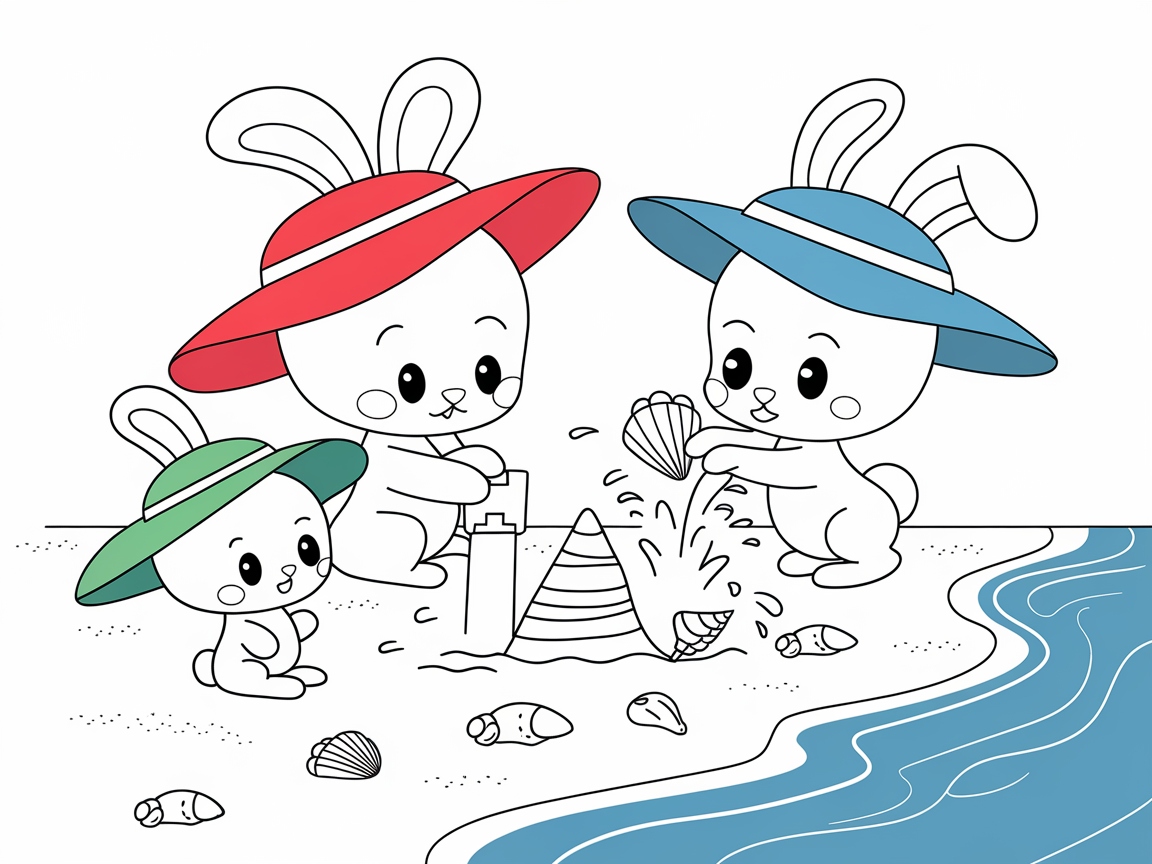 Beach Day Fun with Bunny Family Coloring Page