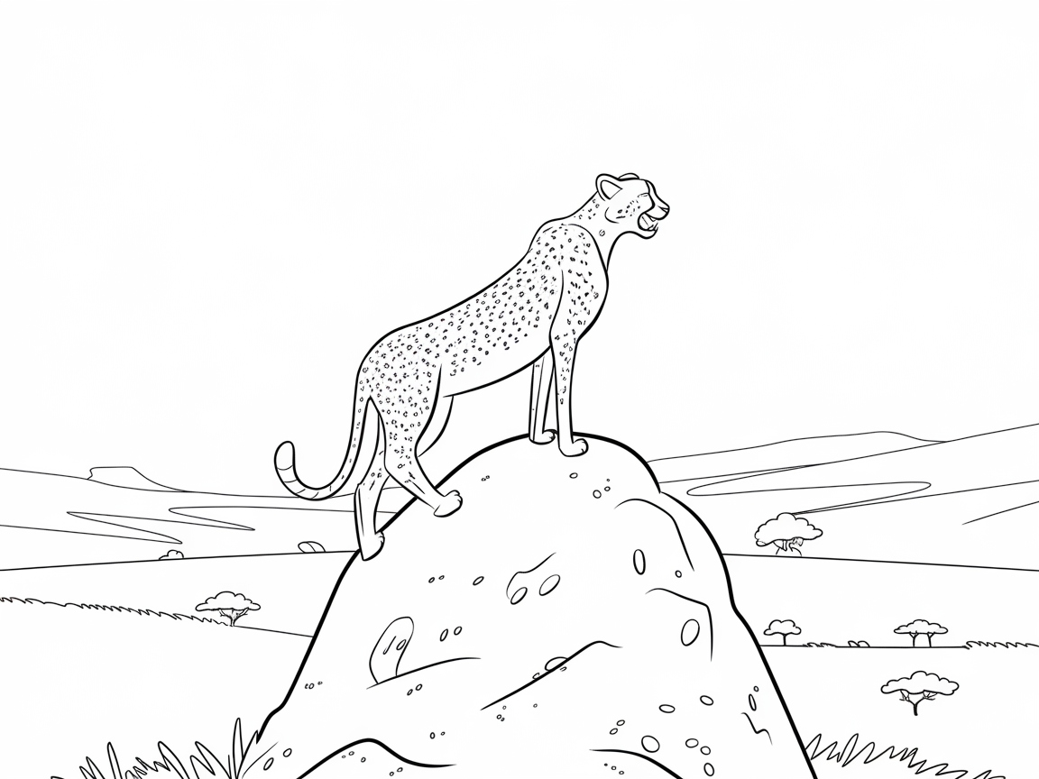 Cheetah Surveying the Savannah Line Art