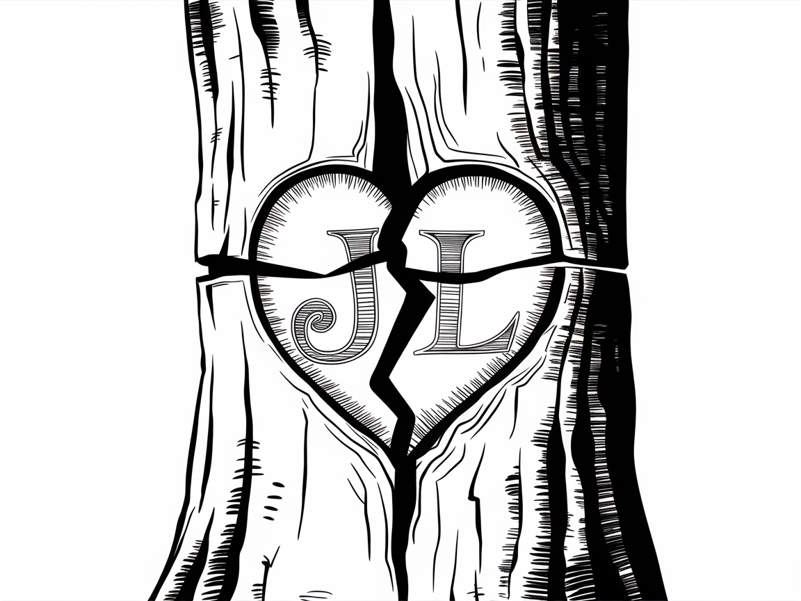 Carved Initials on a Broken Hearted Tree Coloring Page
