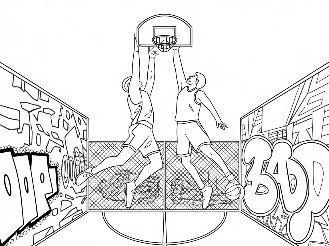 Graffiti Court Slam in This High-Energy Basketball Coloring Page