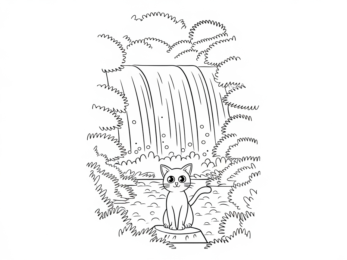 Cat in a Tranquil Waterfall Paradise