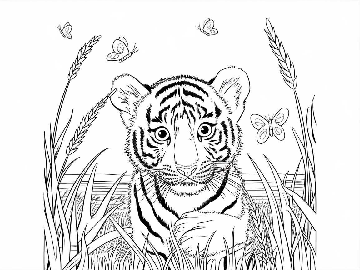 Adorable Bengal Tiger Cub with Fluttering Butterflies