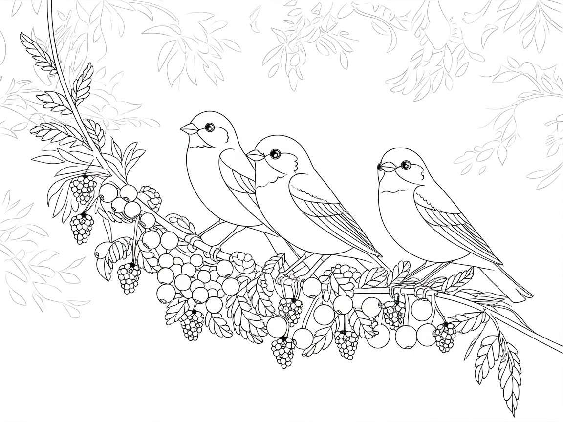 Trio of Birds Enjoying a Berry Branch