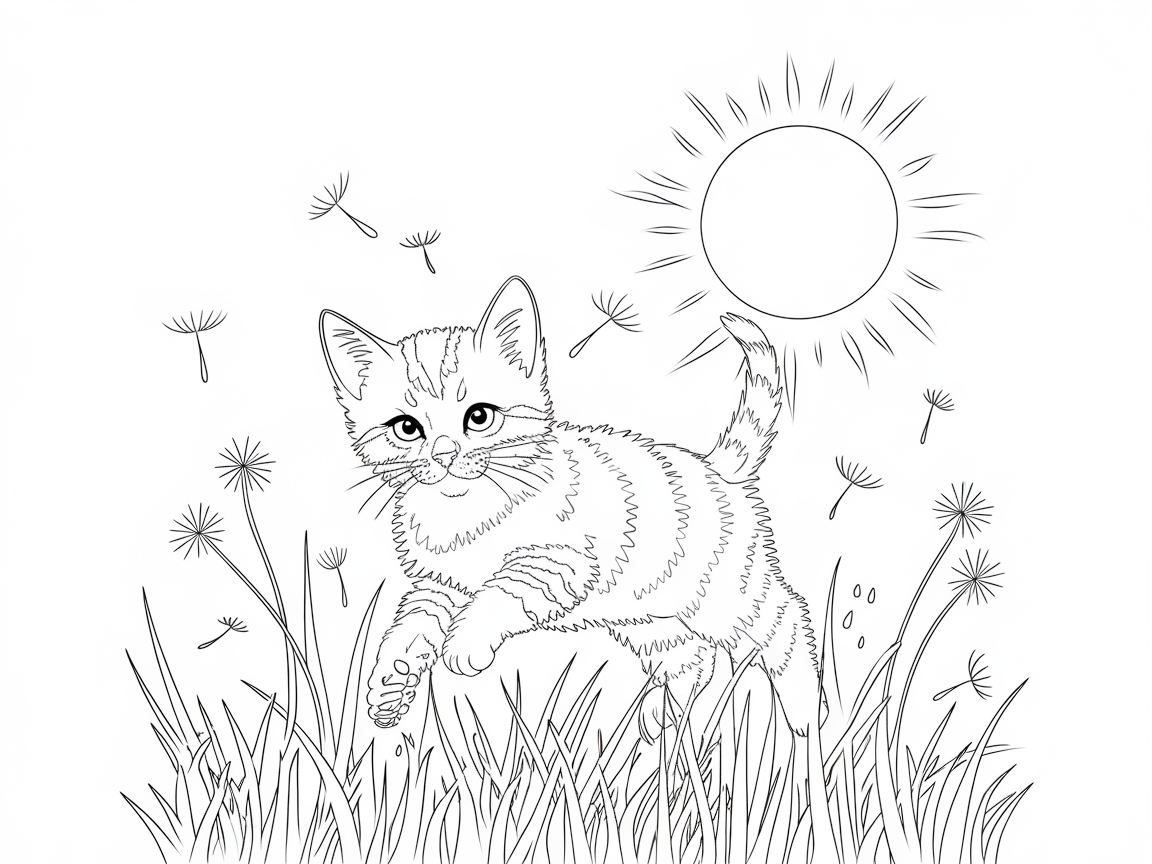 Playful Kitten in a Field of Dandelions