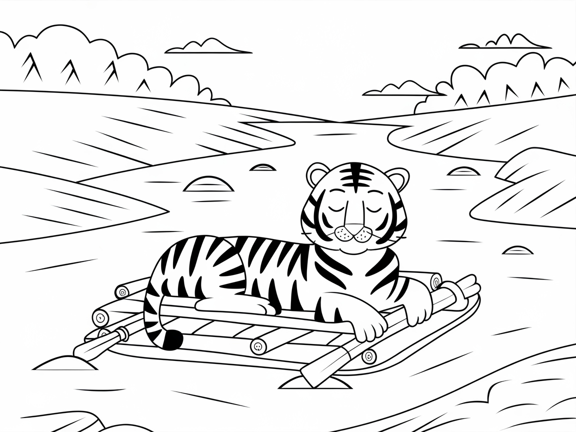 Relaxing Tiger on a Raft Journey