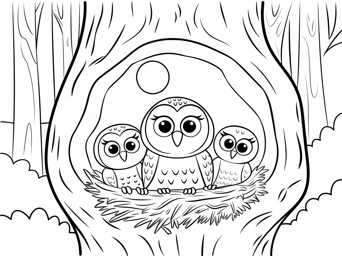 Whimsical Owl Family in a Woodland Nest
