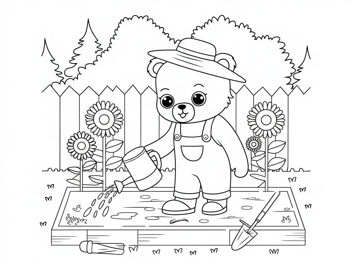 Garden Time with a Bear in Overalls