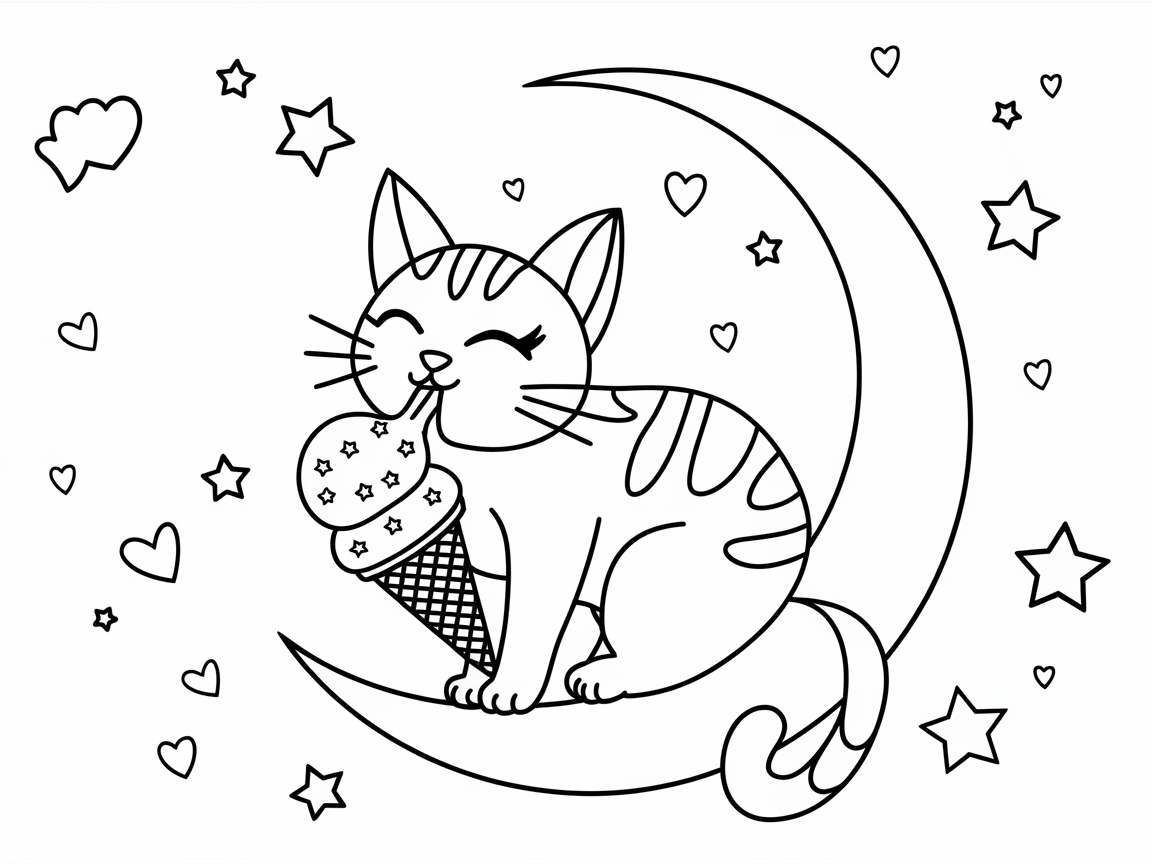 Moonlit Ice Cream Delight With a Feline Friend