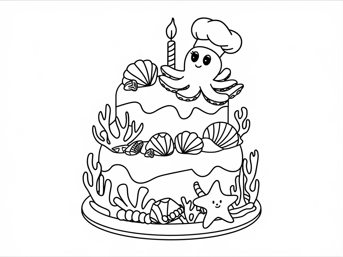 Dive into Underwater Fun with This Ocean-Themed Cake Coloring Page
