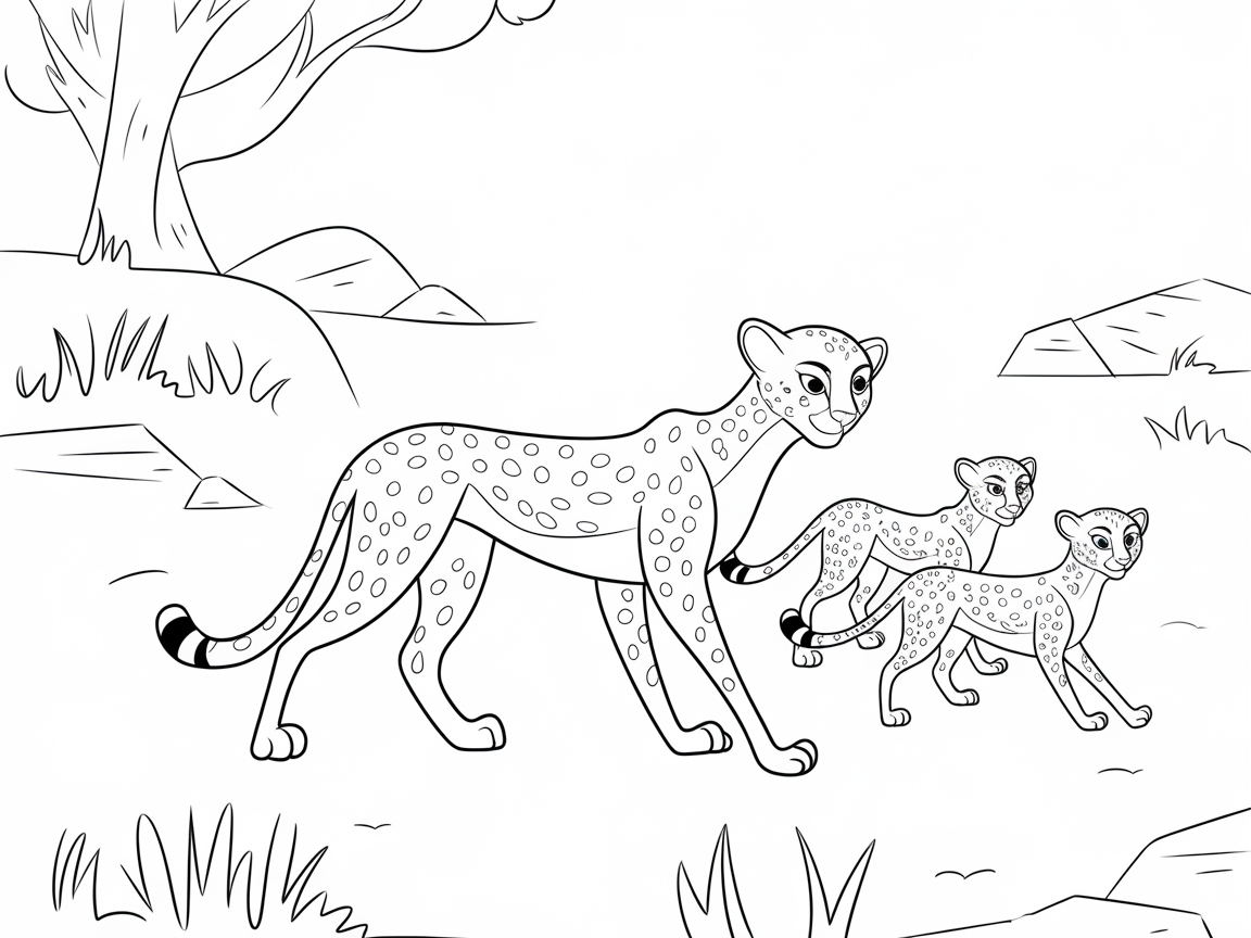 Color This Charming Cheetah Family on the Move