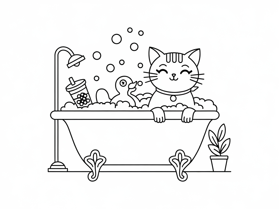 Relaxing Tub Time with Boba-Loving Cat