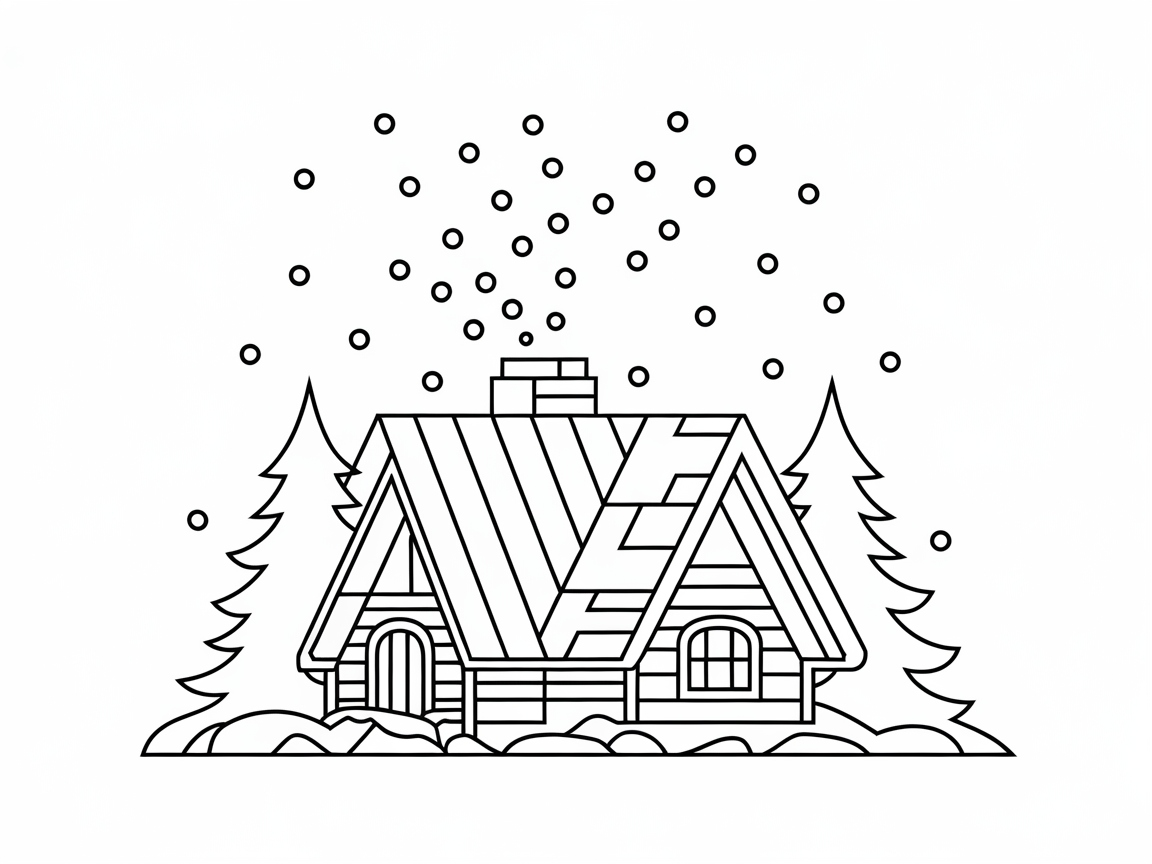 Snowy Cabin in the Woods Coloring Page