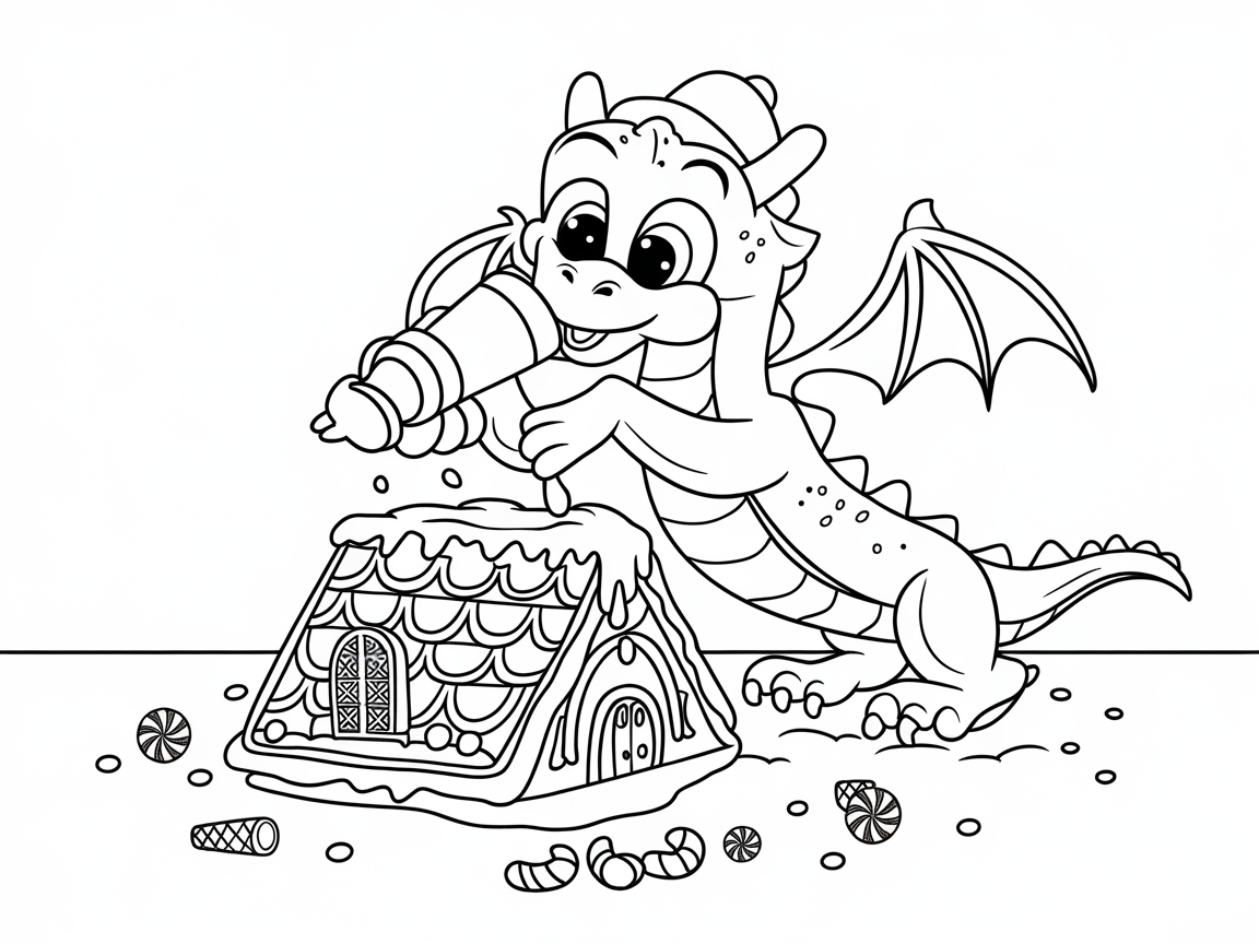 Sweet Dragon Decorating a Gingerbread House