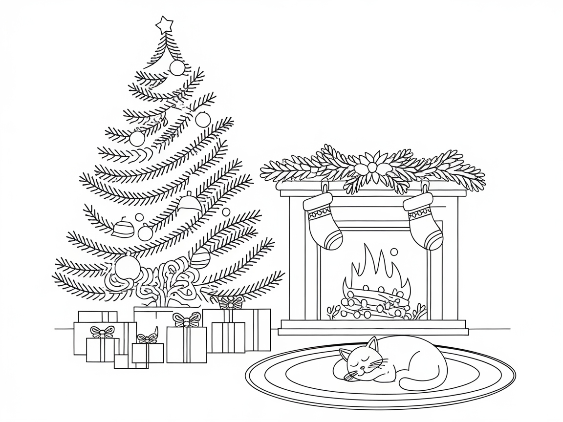 Cozy Christmas Scene with Fireplace and Slumbering Cat