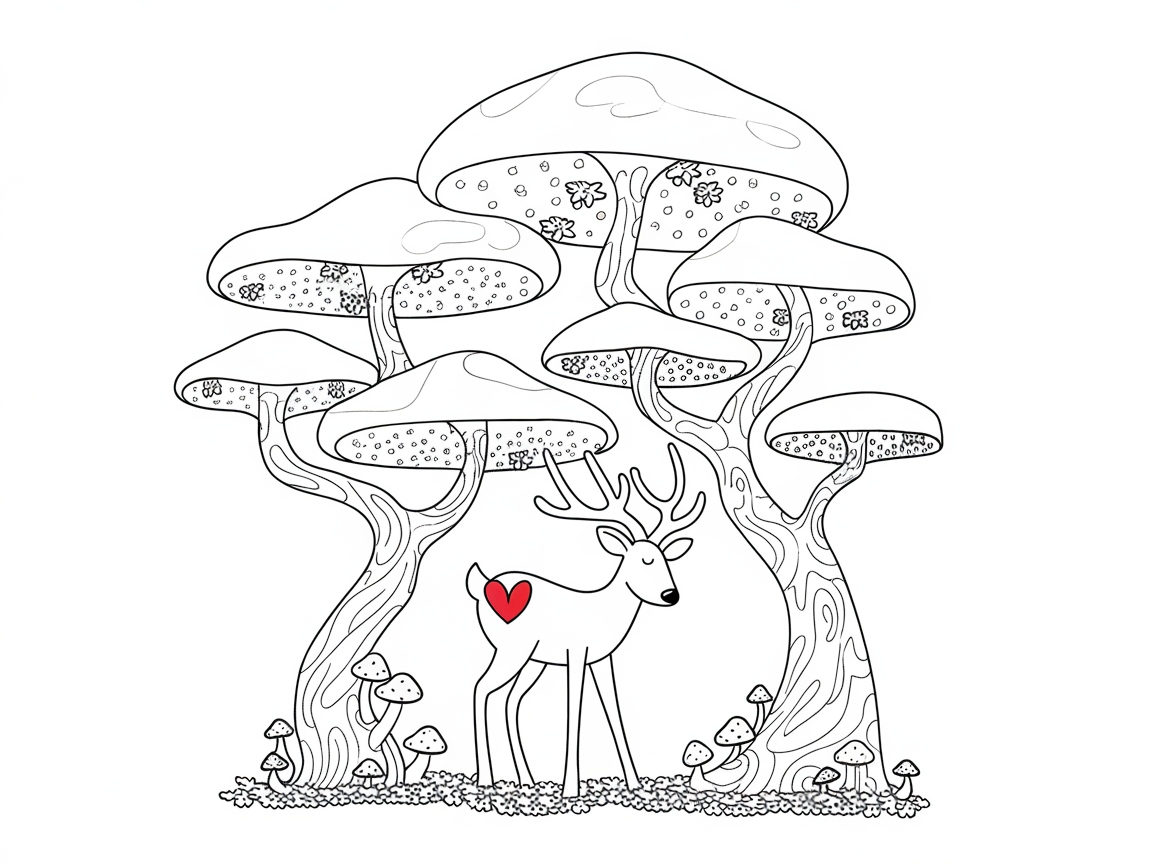 Whimsical Buck Under Giant Mushrooms