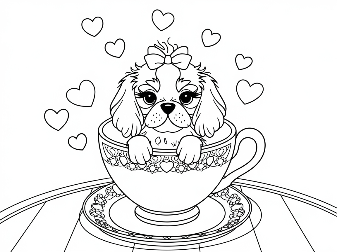 Cute Cavalier in a Teacup: Color This Adorable Scene
