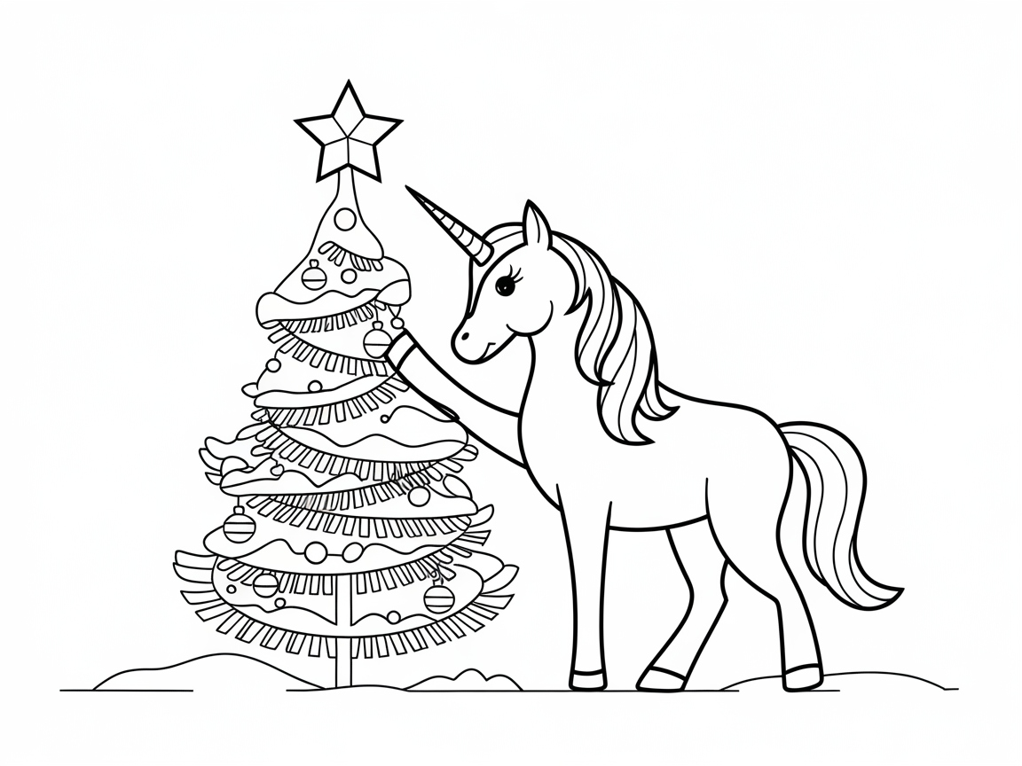 Festive Unicorn Decorating a Christmas Tree