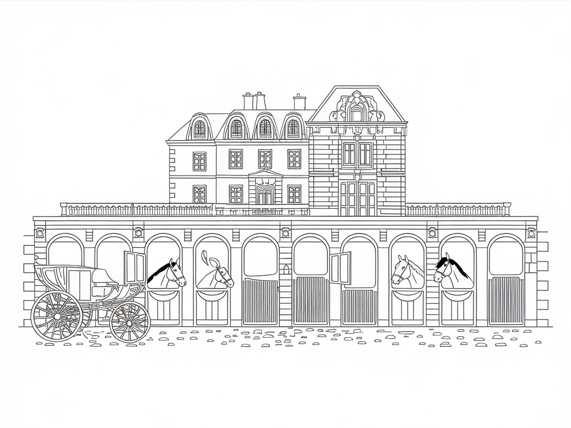 Horse and Carriage Await: Mansion Stable Scene