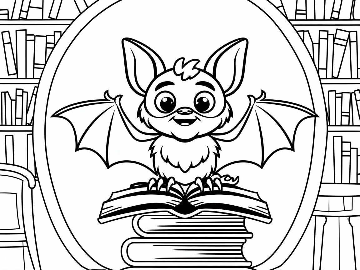 Curious Bat in a Cozy Library