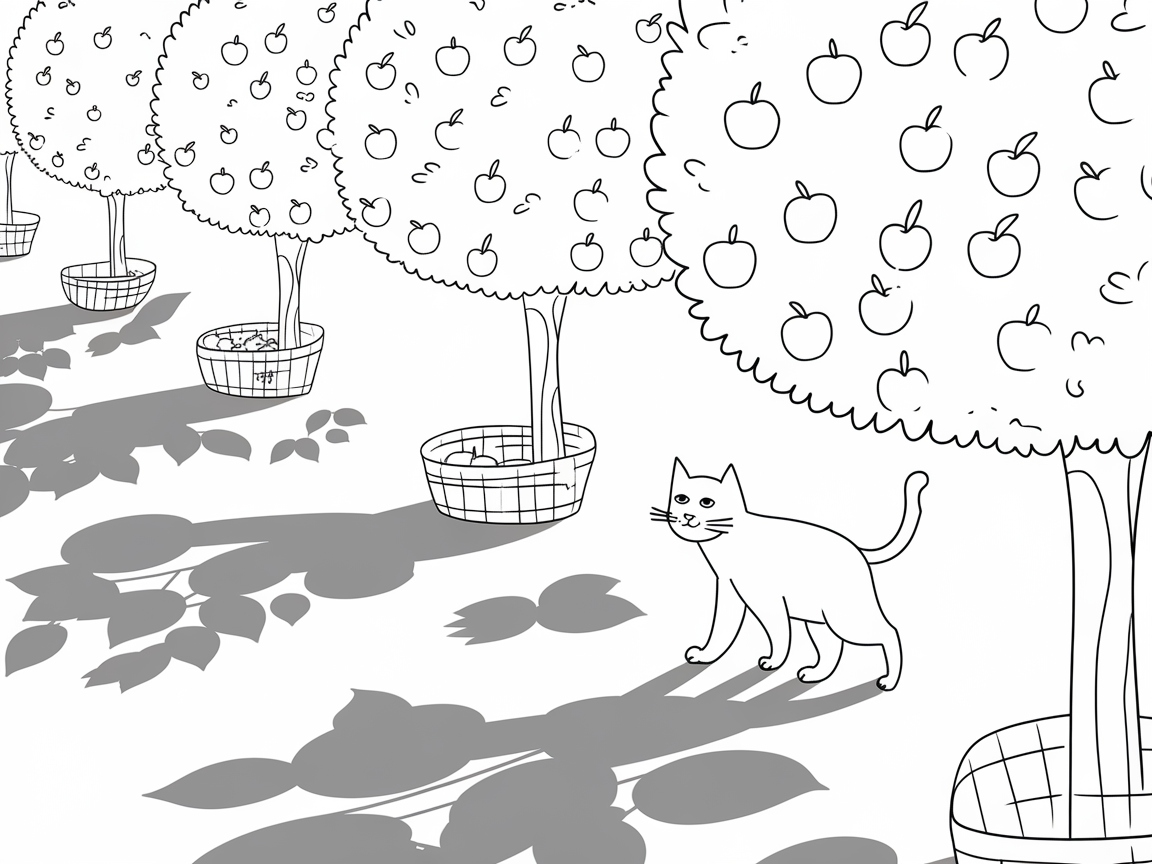 Cat Strolling Through an Orchard of Apples
