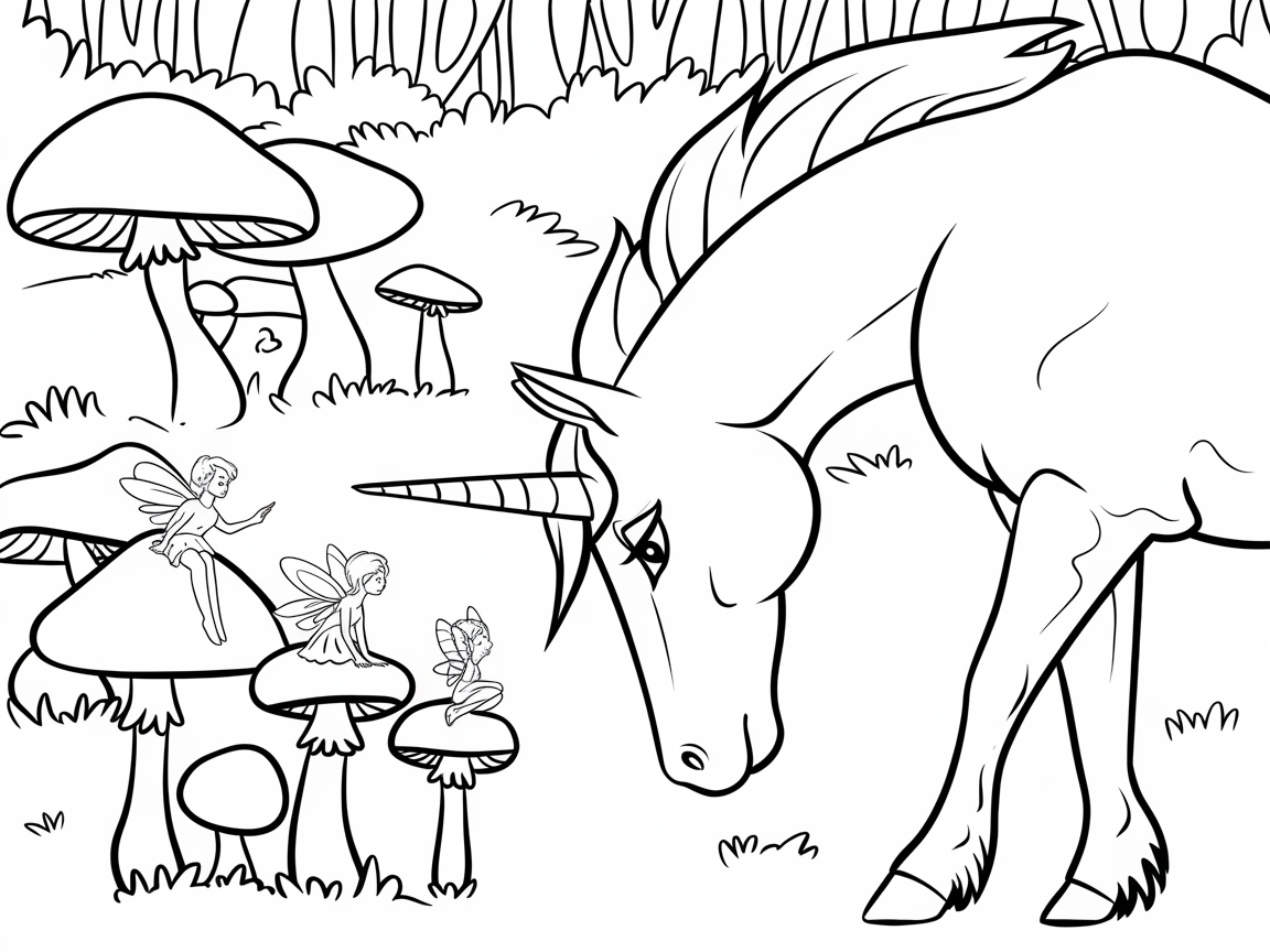 Whimsical Unicorn and Fairies in a Mushroom Grove