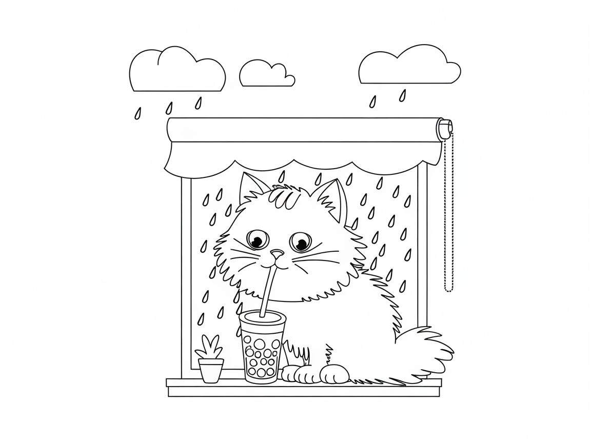 Cozy Cat Sipping Boba on a Rainy Day