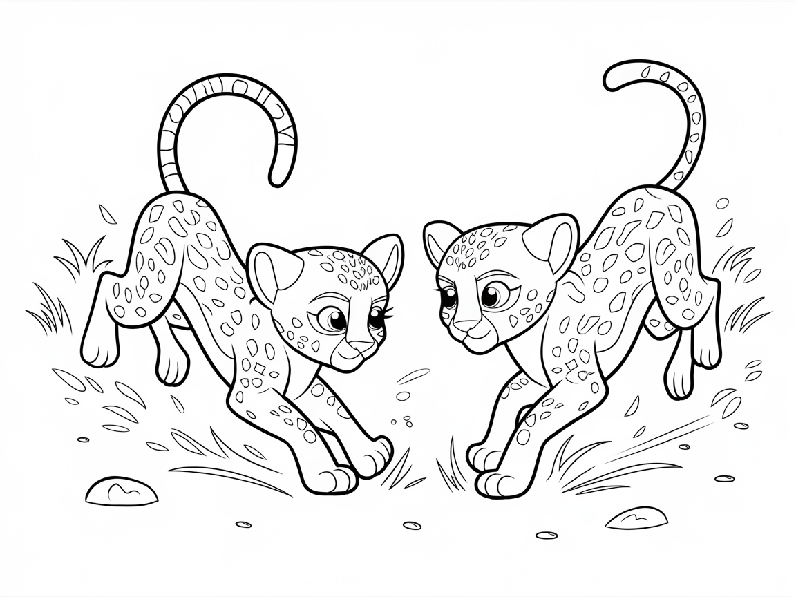 Playful Cheetah Cubs in Action Line Art