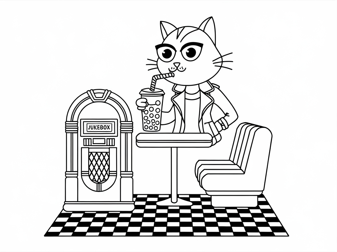 Retro Cat Enjoying Boba at the Diner