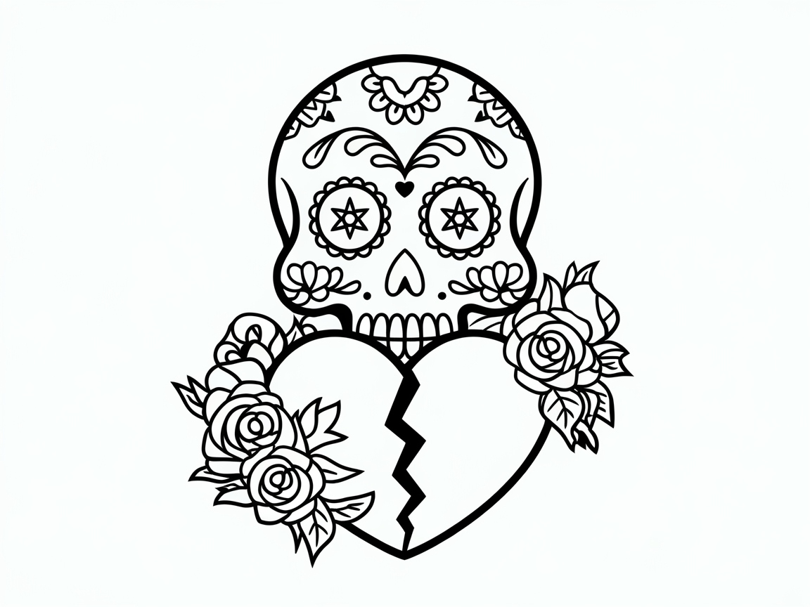 Decorative Skull with Broken Heart and Roses for Intricate Coloring