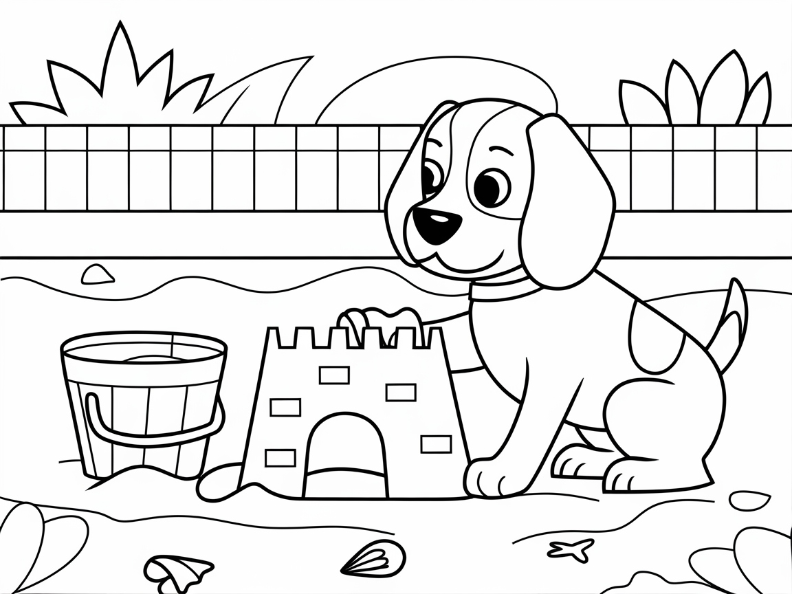 Beach Day Beagle Building a Sandcastle