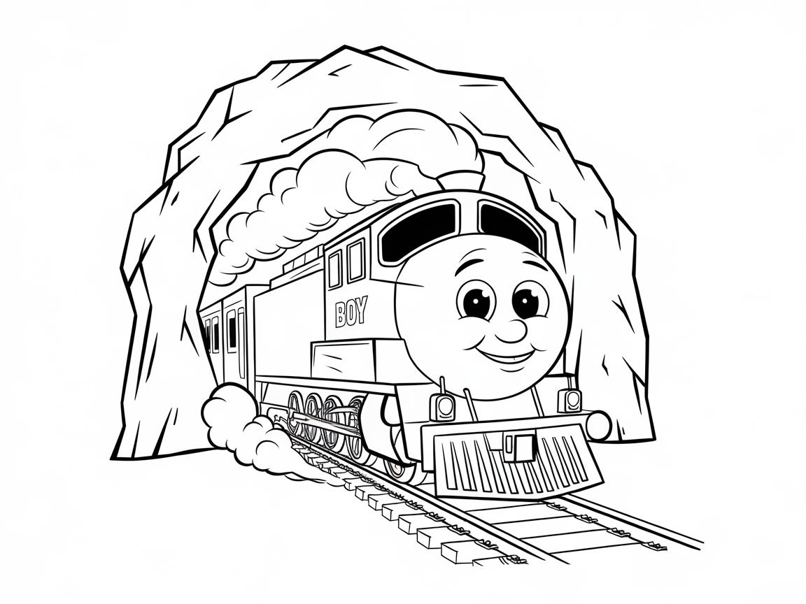 Cheerful Train With a Friendly Face Emerging From a Tunnel