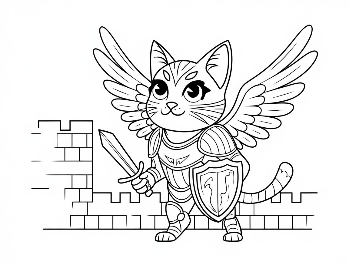 Winged Knight Cat Guarding a Castle