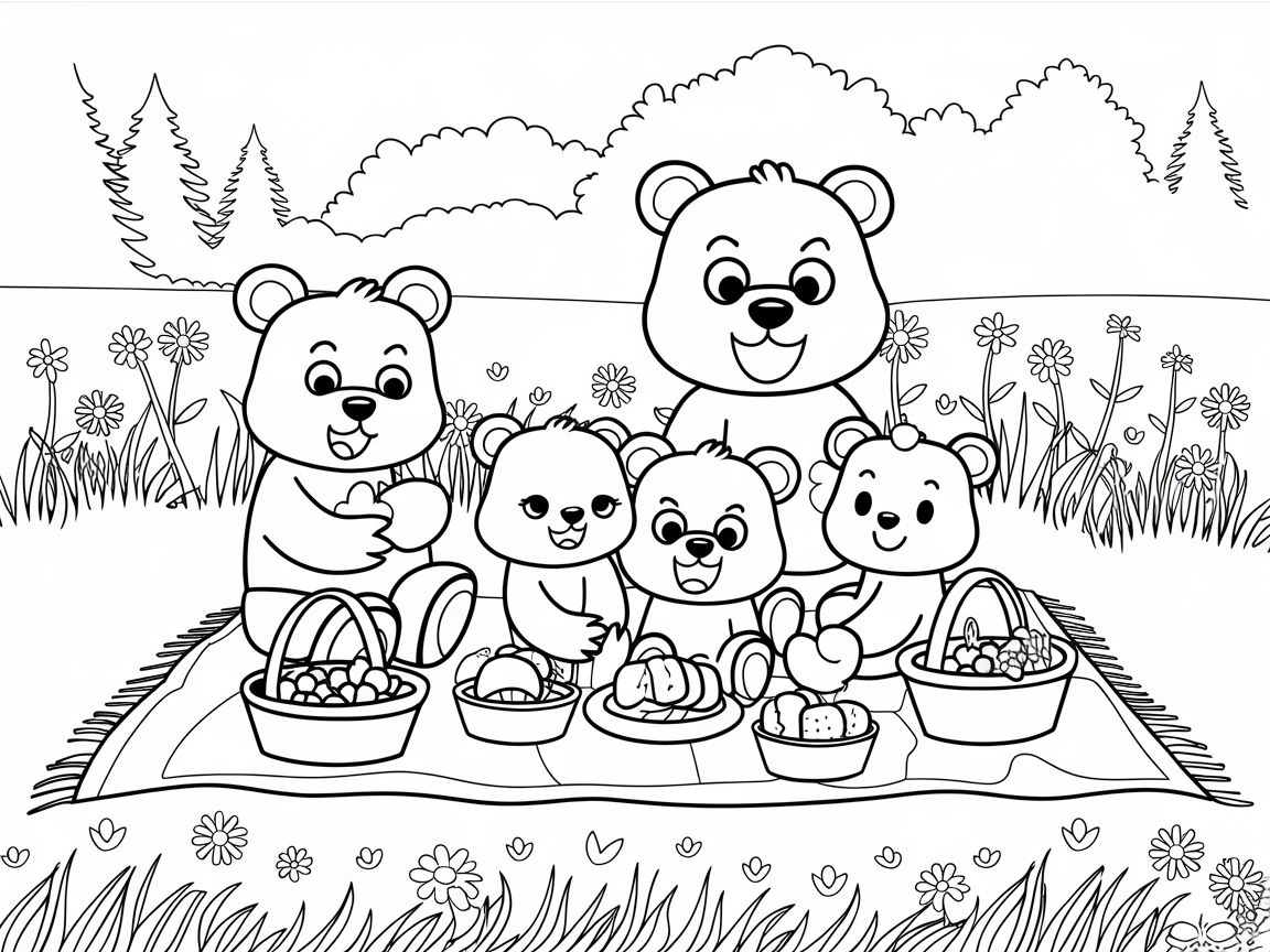 Charming Bear Family Picnic in a Meadow