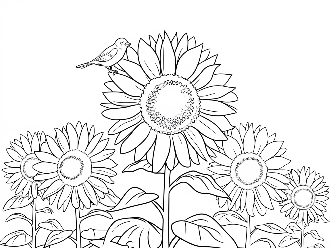 Sunny Sunflowers with a Gentle Bird