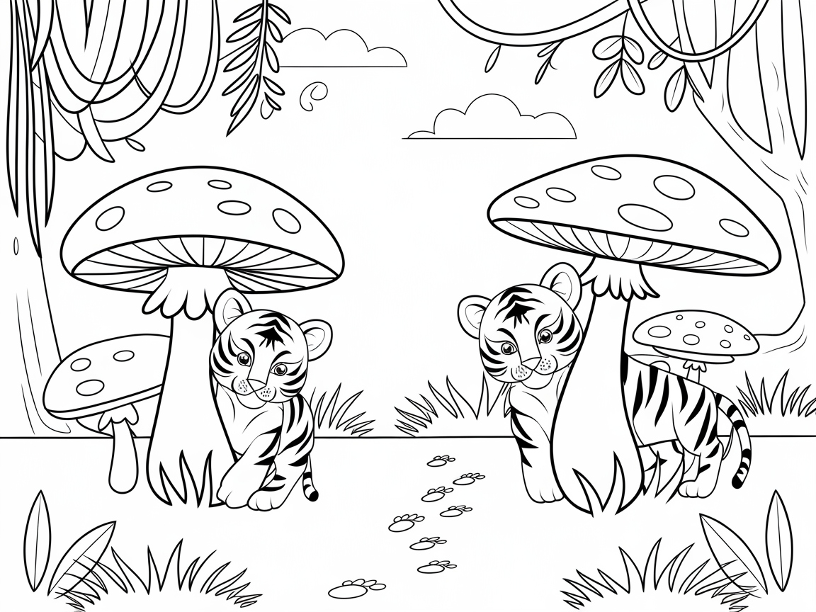 Whimsical Tiger Cubs Playing Among Giant Mushrooms