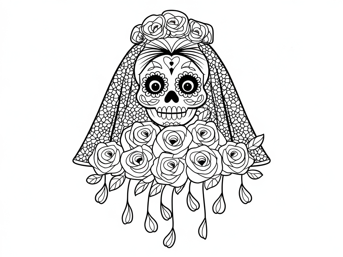 Day of the Dead Bride Skull with Roses for Elegant Coloring Fun