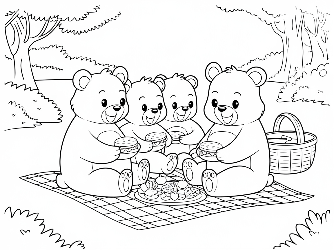 Cute Bear Family Picnic Coloring Page