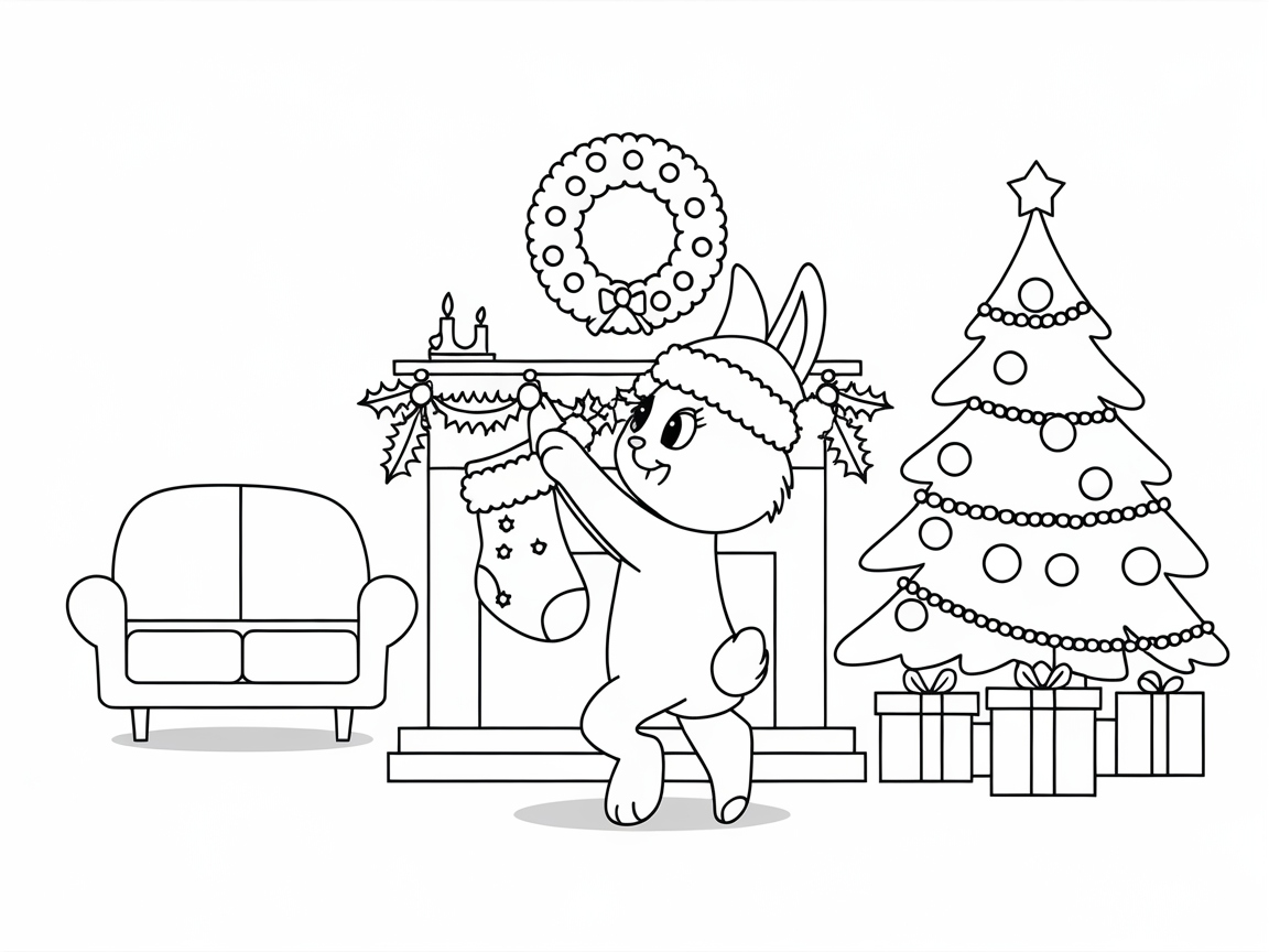 Bunny Hanging Stocking by the Cozy Fireplace
