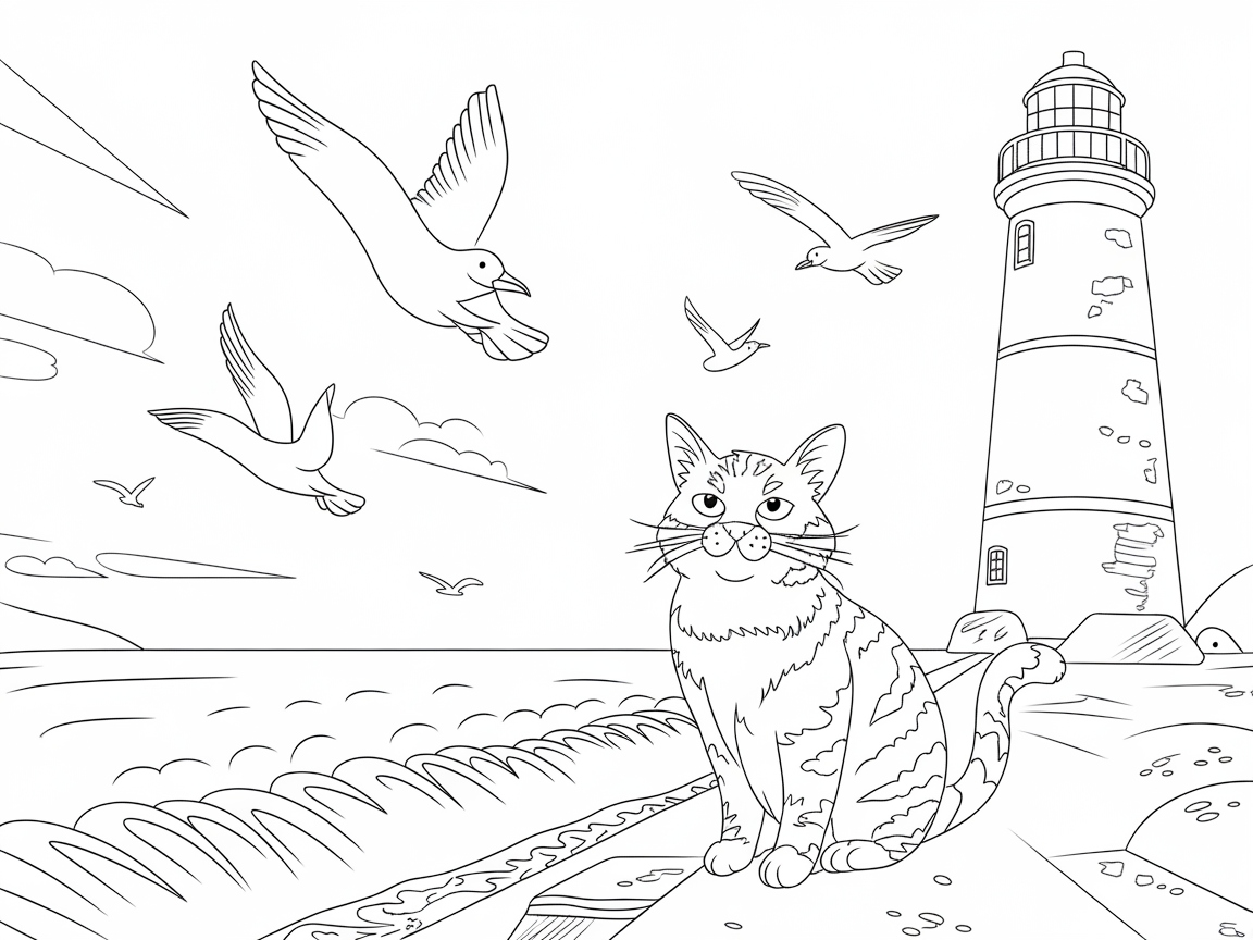 Cat by the Lighthouse with Seagulls Above
