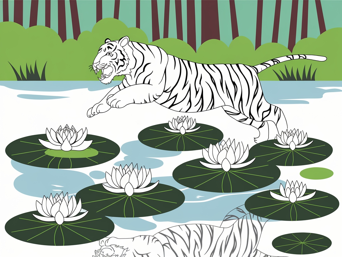 Leaping Bengal Tiger Across Water Lilies