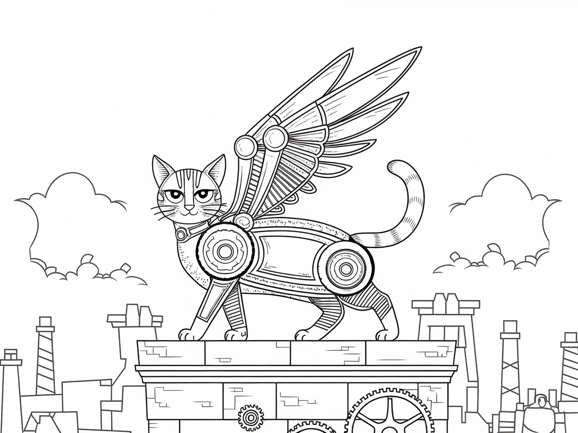 Mechanical Cat Overlooking a Steampunk Cityscape