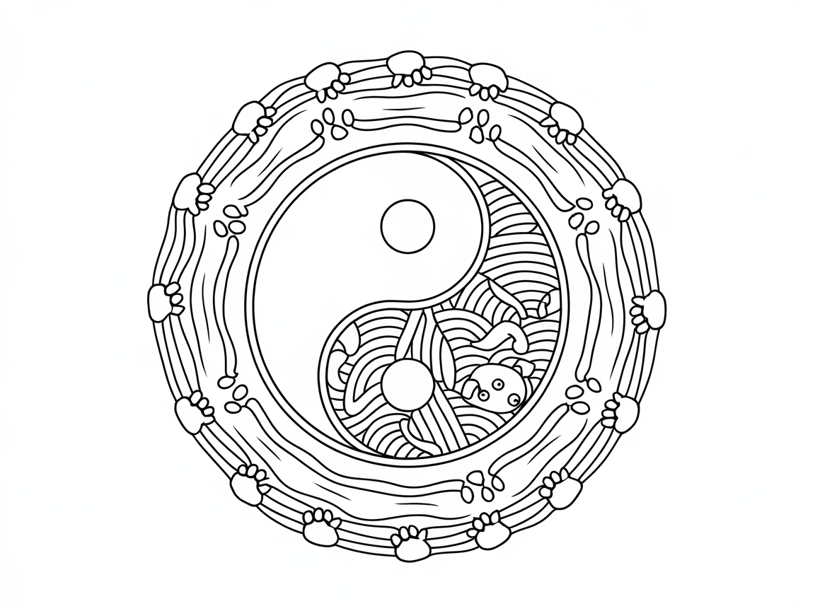 Yin and Yang Cats in a Paw Print Mandala