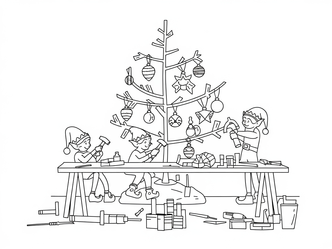 Elves Hard at Work Decorating a Tree