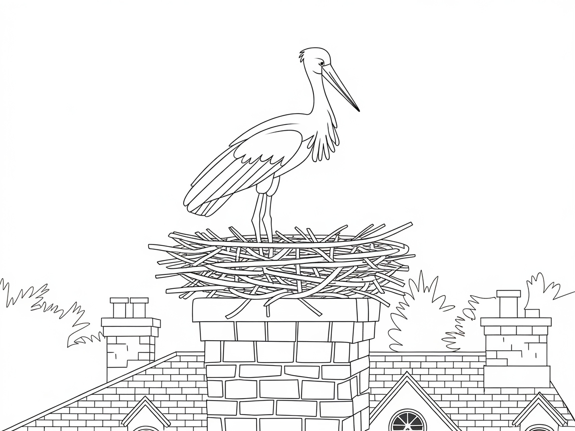 Majestic Stork Nesting on a Cottage Chimney