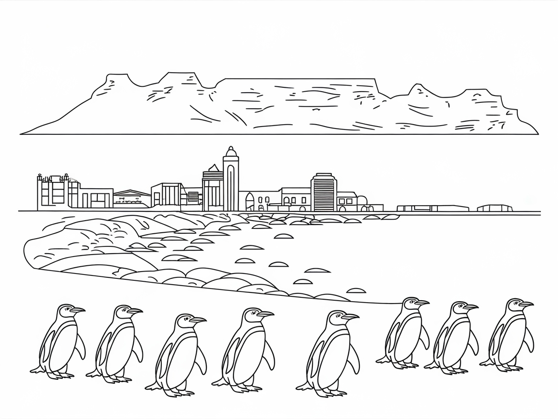 March Along with Penguins Against a South African Skyline