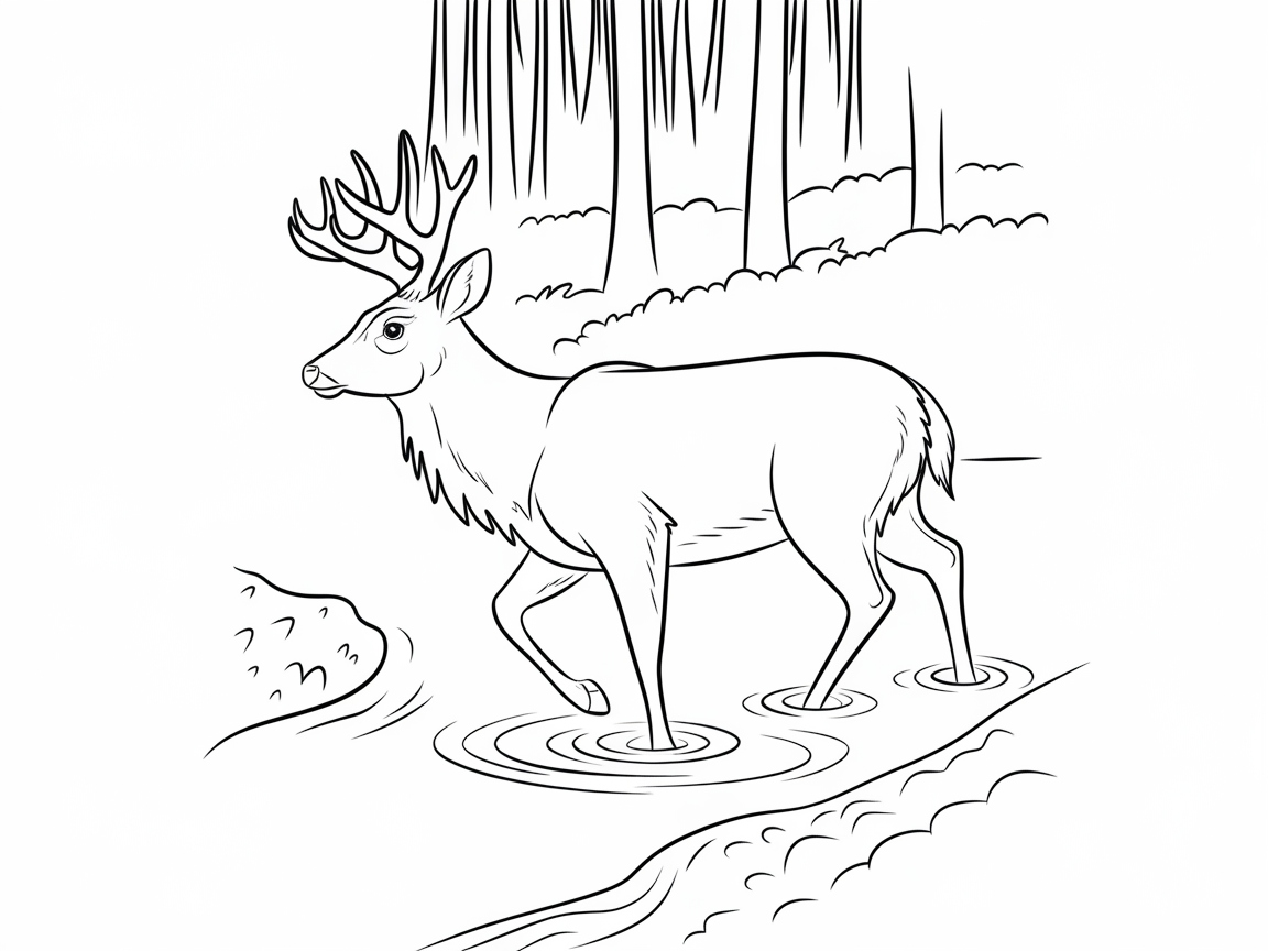 Buck Wading Through a Serene Stream