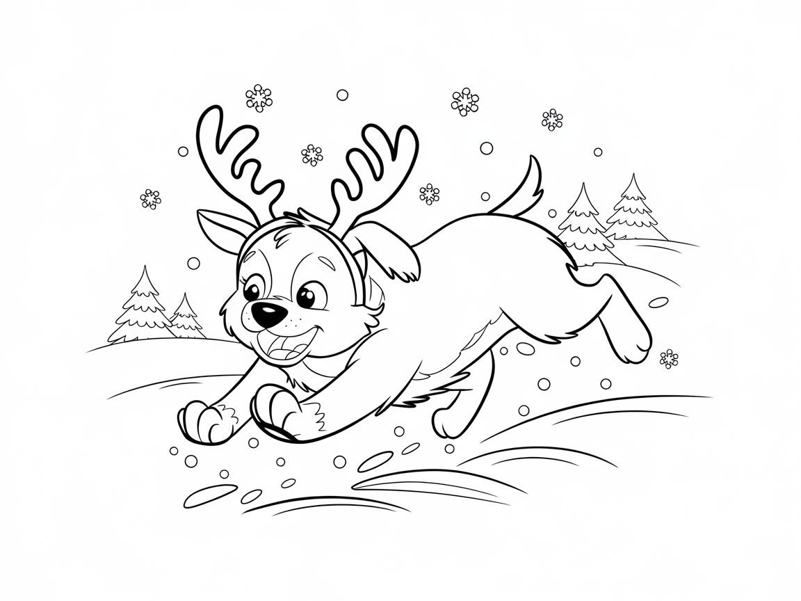 Playful Puppy with Reindeer Antlers in the Snow