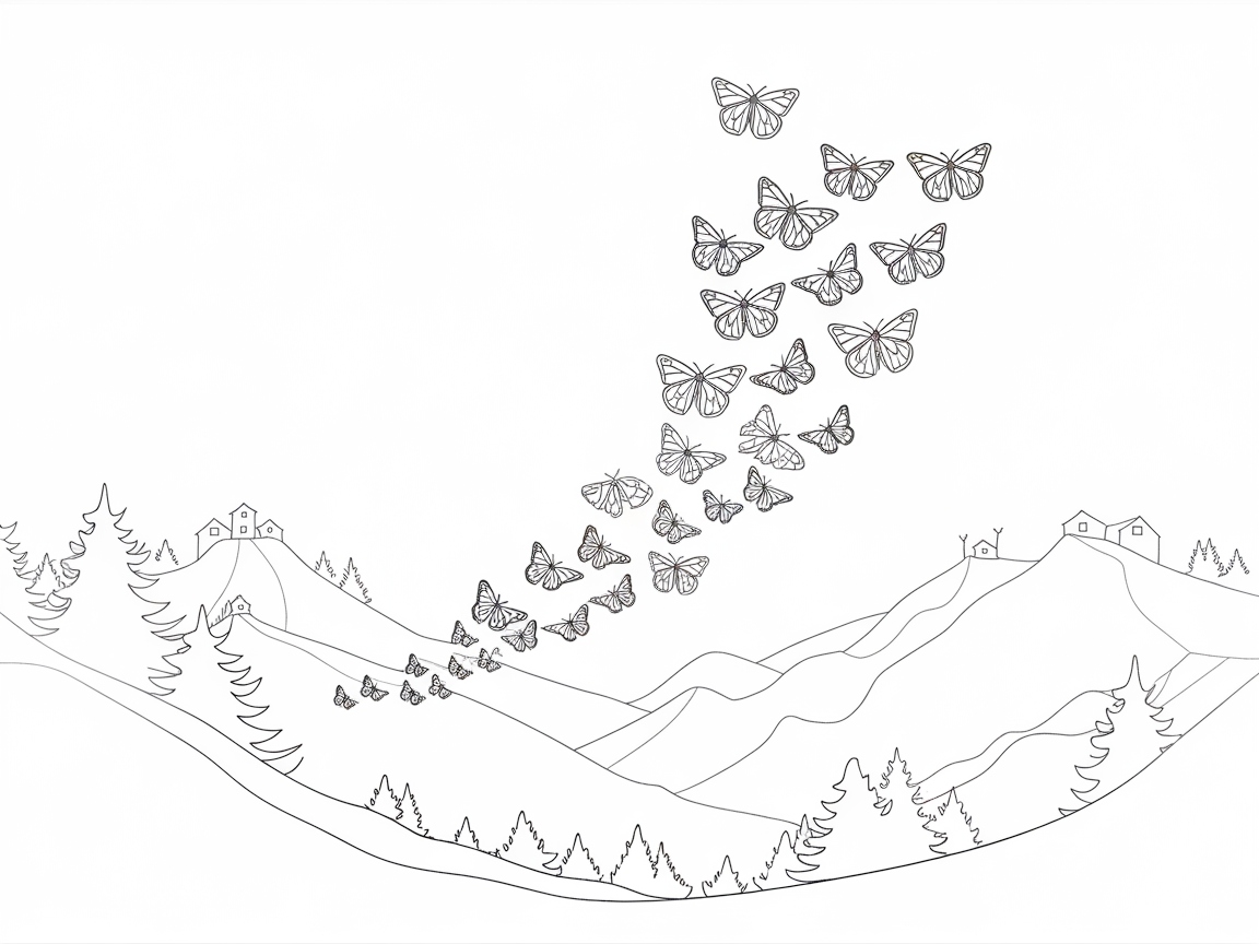 Butterflies in Flight Over Scenic Hills